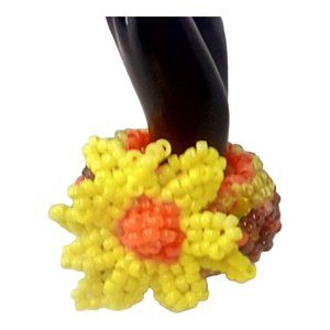 Yellow Flower On 3d Kandi Cuff- Rootbeer Sparkle/ Orange Sparkle Glow Pony Beads